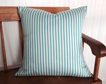 Turquoise Ticking Pillow Cover, Aqua and White Striped Cushion Cover