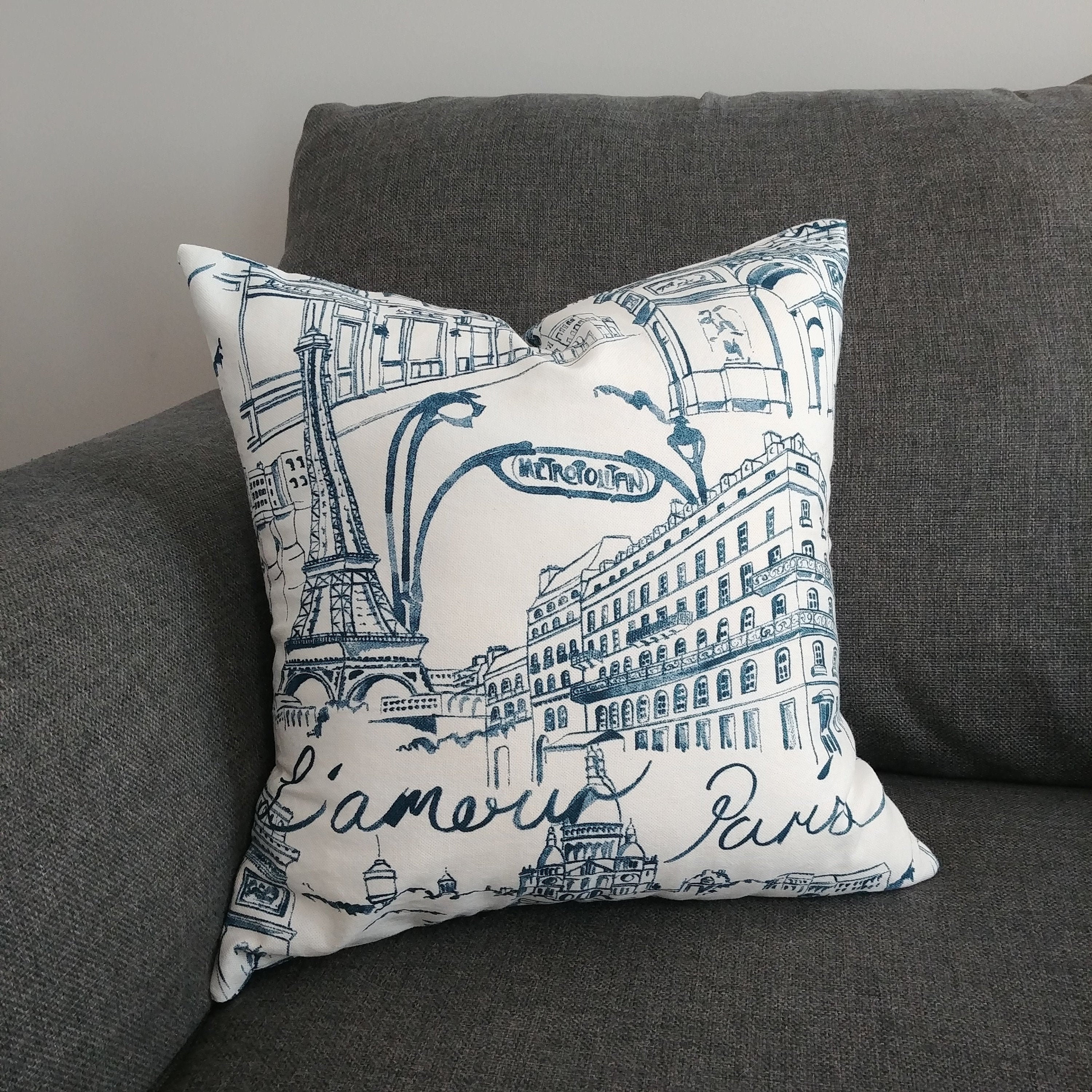 Paris Pillow Cover in Teal and Creamy White French Words Cushion Cover in Peacock Blue Custom Sizes Etsy