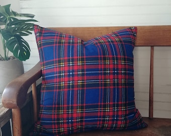 Royal Blue and Red Plaid Pillow Cover, Vintage Style Tartan Cushion Cover in Cobalt Blue and Red, Rustic Cabin Decor