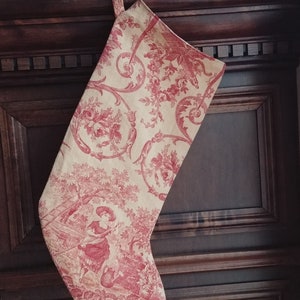 Beige and Red Linen Christmas Stocking, Toile Style French Decor, Country Scenes Holiday Stocking