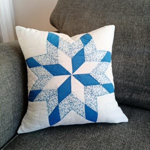 Quilted Patchwork Pillow Cover, Blue Star Cushion Cover