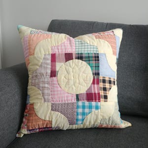 Quilt Pillow Cover, Pale Yellow with Gingham and Plaid Patchwork Cushion Cover, Girl's Room and Cottage