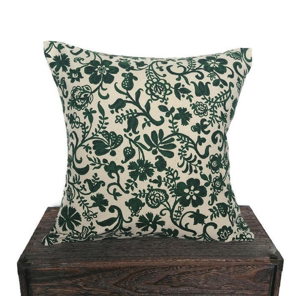 Dark Green Floral Pillow Cover, Forest Green, Hunter Green Flowered Cushion Cover, Cream Background, Fall and Winter Decor