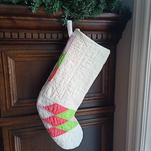 Vintage Quilt Christmas Stocking in Red, Green Broken Star Patchwork, Old Repurposed Quilts, Holiday Decor