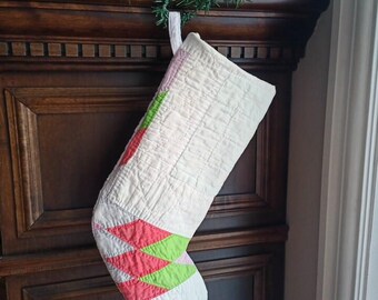 Vintage Quilt Christmas Stocking in Red, Green Broken Star Patchwork, Old Repurposed Quilts, Holiday Decor