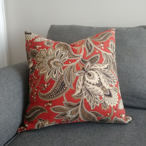 Rust Floral Pillow Cover, Jacobean Style Cushion Cover in Burnt Orange and Taupe, Fall Decor