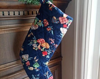 Navy Mushroom Stocking, Woodland Theme Christmas Decor