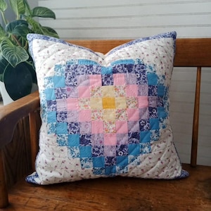 Quilted Pillow Cover in Pastel Heart Patchwork, Spring and Summer Decor, 18 x 18 inch