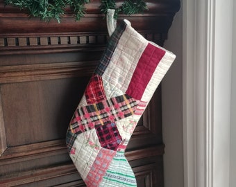 Vintage Quilt Christmas Stocking in Flannel Fabric, Burgundy or Red, Cream and Green