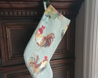 Rooster Christmas Stocking, Duck Egg Blue Holiday Decor, Chickens and Roosters Theme