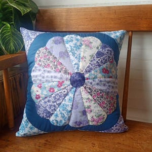 Quilted Pillow Cover in Shades of Blue and Purple, 14 x 14 inch Patchwork Cushion Cover