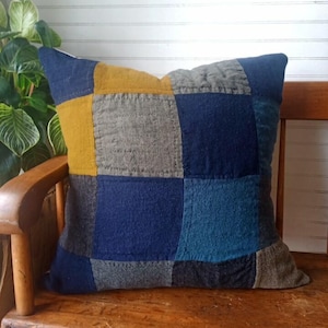 Wool Patchwork Pillow Cover, Quilted Cushion Cover of Vintage Fabrics