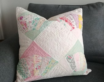 Shabby Quilt Pillow in Pinks and Green, Vintage Fan Patchwork Cushion Cover for Cottage Decor