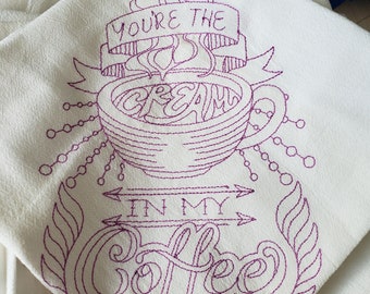 Set of 2 White flour cloth embroidered dishtowels 18x28"