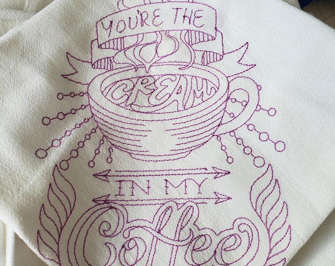 Set of 2 White flour cloth embroidered dishtowels 18x28"