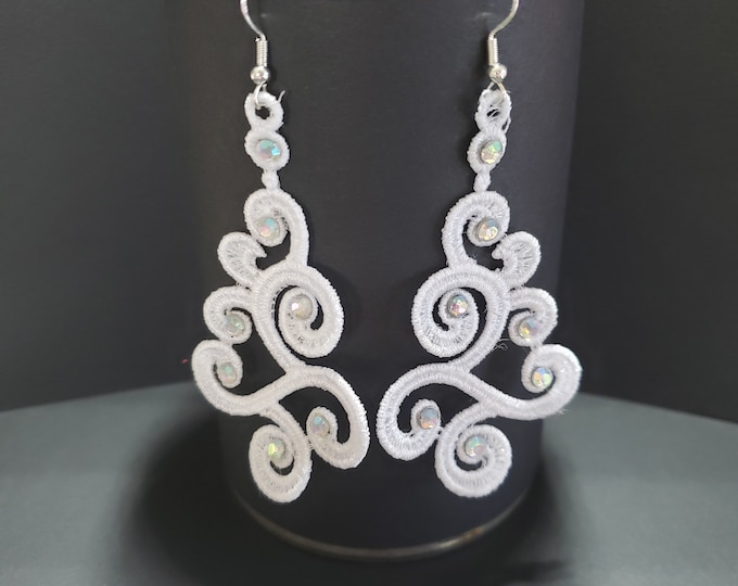 White Lace Dangle Earrings, Sterling Silver, Crystal Wedding Jewelry