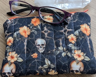 Dark Academia zip bag, travel pouch, glasses case, makeup bag, gothic, skulls, flower, Halloween