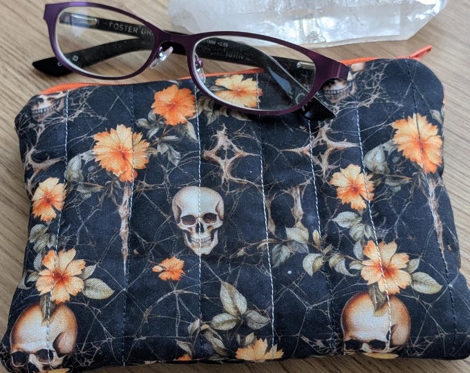 Dark Academia zip bag, travel pouch, glasses case, makeup bag, gothic, skulls, flower, Halloween