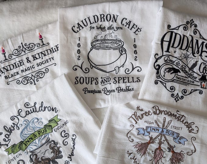 Set of 5 White flour cloth embroidered dishtowels - Witches Inns - 28x28"