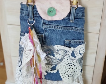 Upcycled denim jeans, boho purse, denim, lace, bamboo handles, recycled, steampunk