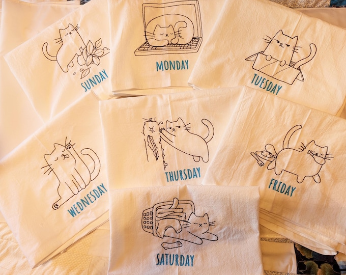 Set of 7 White flour cloth embroidered dishtowels - Cat's Days of the week - 28x28"