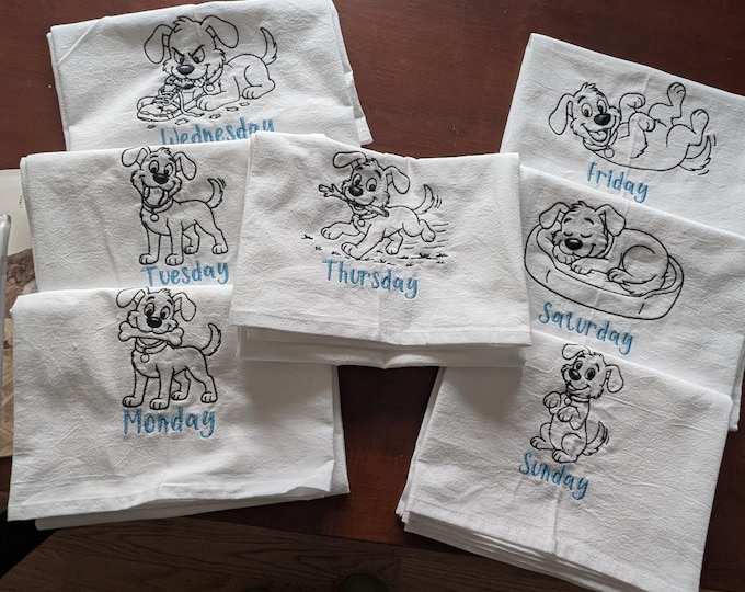 Set of 7 White flour cloth embroidered dishtowels - Dog's Days of the week - 28x28"