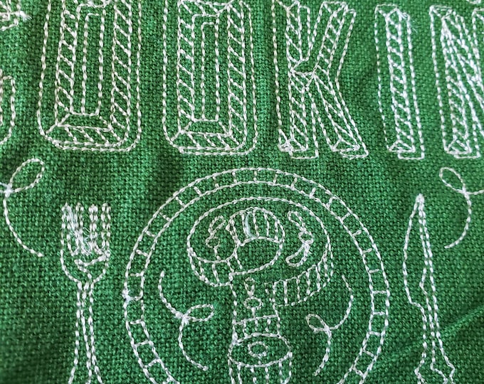 Embroidered Green Cotton Dishtowel with Hanging Tab
