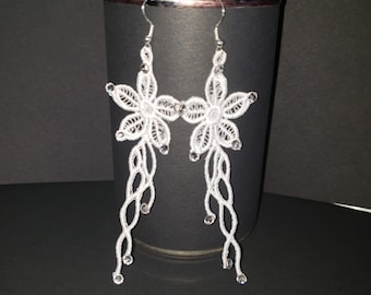 White Embroidered Lace Earrings, Crystal Sterling Silver Wires