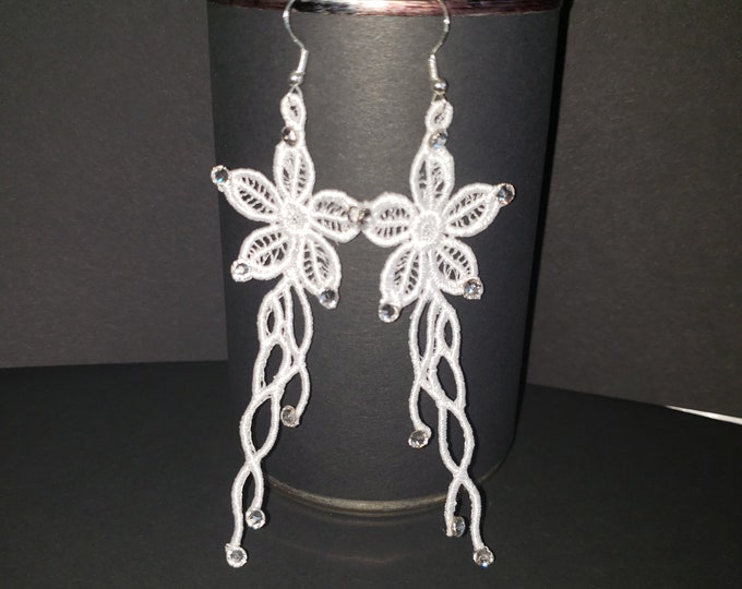 White Embroidered Lace Earrings, Crystal Sterling Silver Wires