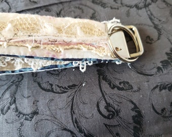 Shabby, boho key fob, lace, denim, ribbon, soft