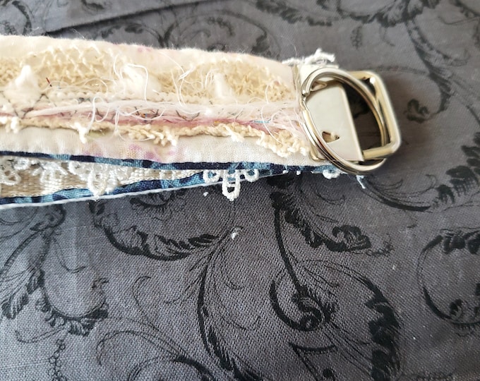 Shabby, boho key fob, lace, denim, ribbon, soft