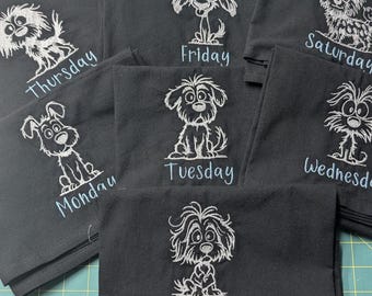 Set of 7 Black flour cloth embroidered dishtowels - Dog's Days of the week - 28x28"