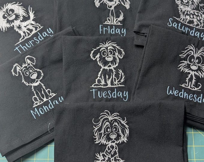 Set of 7 Black flour cloth embroidered dishtowels - Dog's Days of the week - 28x28"