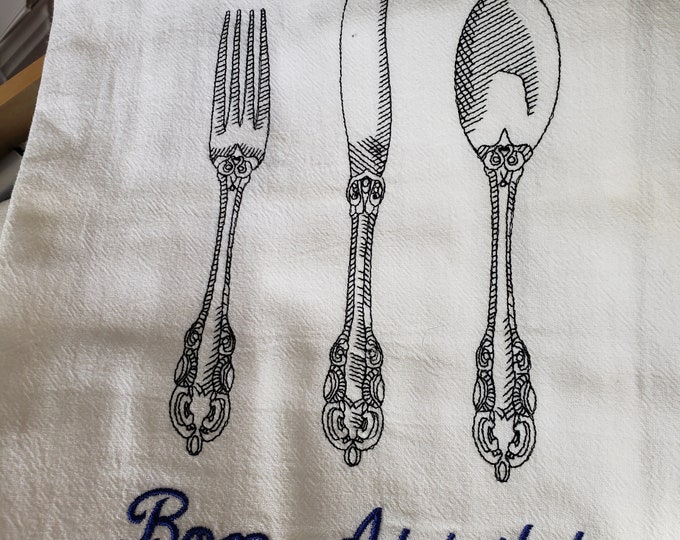 Embroidered Flour Sack Dish Towel - Bon Appetit Kitchen Decor