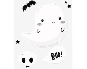 May include: A whimsical Halloween-themed illustration featuring a smiling white ghost, a black bat, stars, and a skull. A speech bubble says "BOO!" in black letters. The design is simple and cartoonish, with a light gray background.