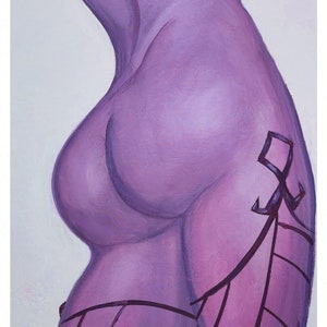 May include: A purple figure with a geometric tattoo on the leg. The figure is painted in a realistic style.