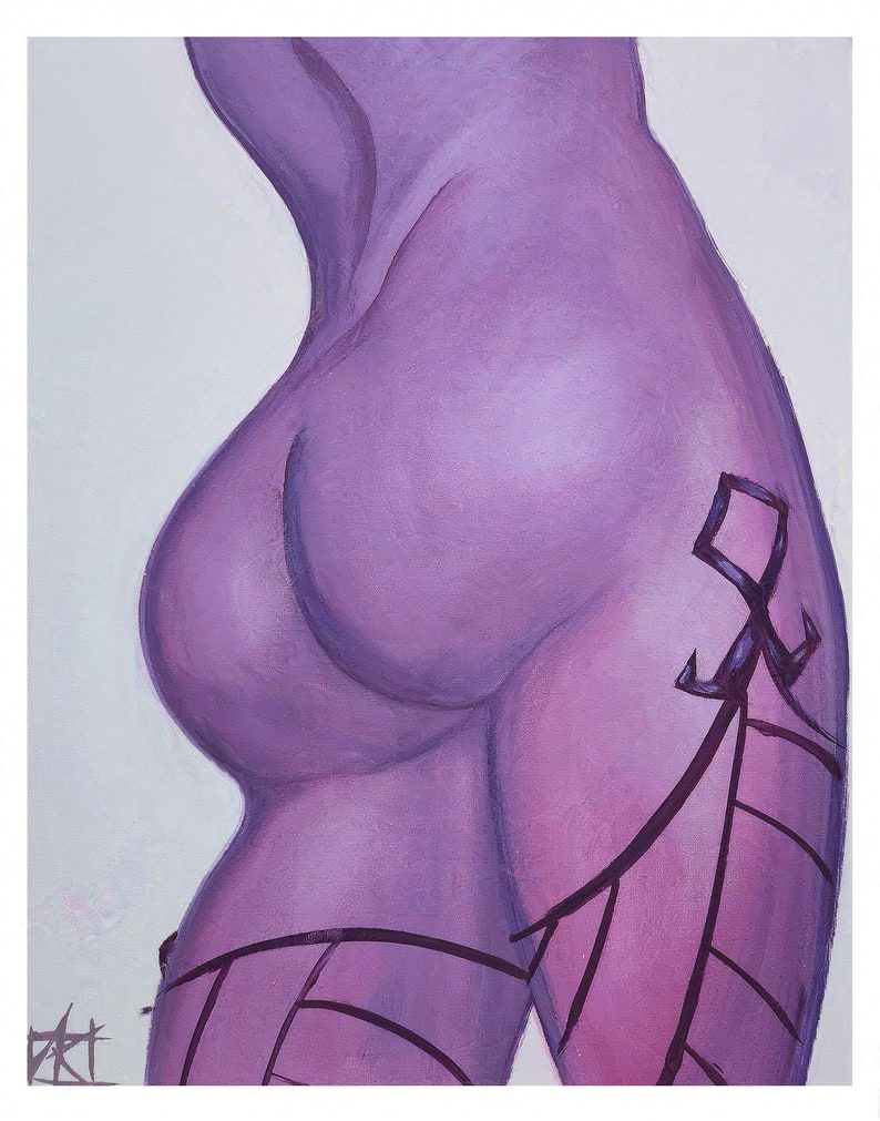 May include: A purple figure with a geometric tattoo on the leg. The figure is painted in a realistic style.