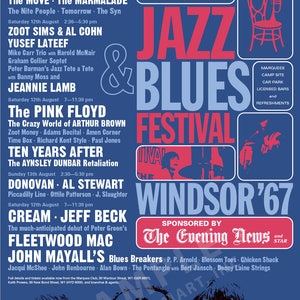Puede incluir: Cartel del 7º Festival Nacional de Jazz & Blues en Windsor '67, con un diseño azul y rojo. El cartel enumera bandas como Pink Floyd, Cream y Fleetwood Mac, con las fechas del 11 al 13 de agosto.
