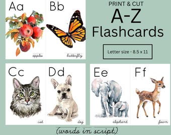 Words in SCRIPT | Early Learning Nature themed Printable Alphabet Flashcards Watercolor Art Orton-Gillingham