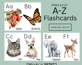Words in PRINT | Early Learning Nature themed Printable Alphabet Flashcards Watercolor Art Orton-Gillingham