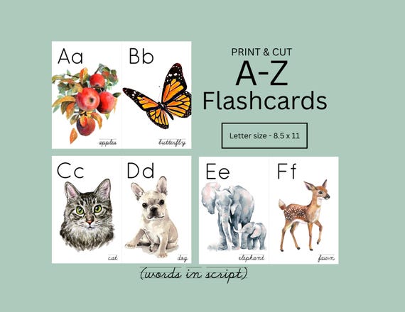 Words in SCRIPT | Early Learning Nature themed Printable Alphabet Flashcards Watercolor Art Orton-Gillingham
