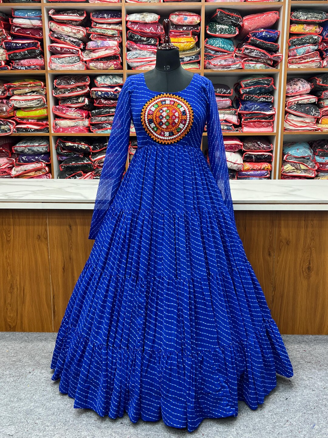 Women Blue Lehariya Off Shoulder Crop Top With Anarkali Skirt