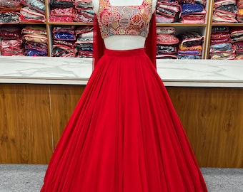 Conjunto elegante de lehenga de georgette con zorro rojo y totalmente cosido