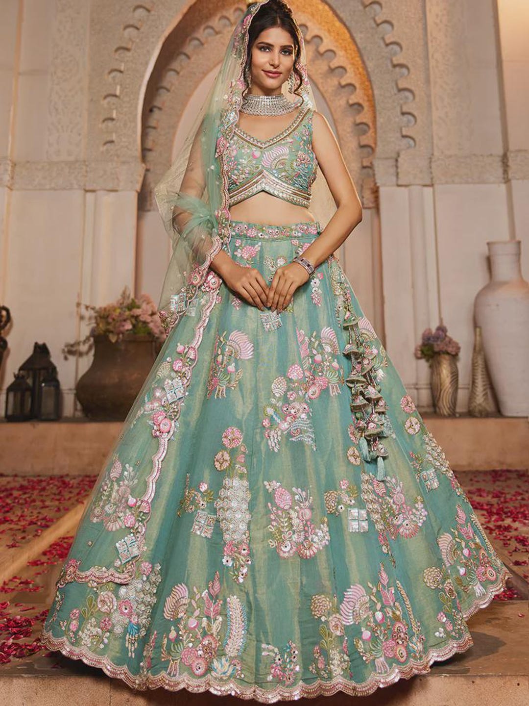 Green Net Sequins & Zarkan Embroidered Bridal Lehenga Choli