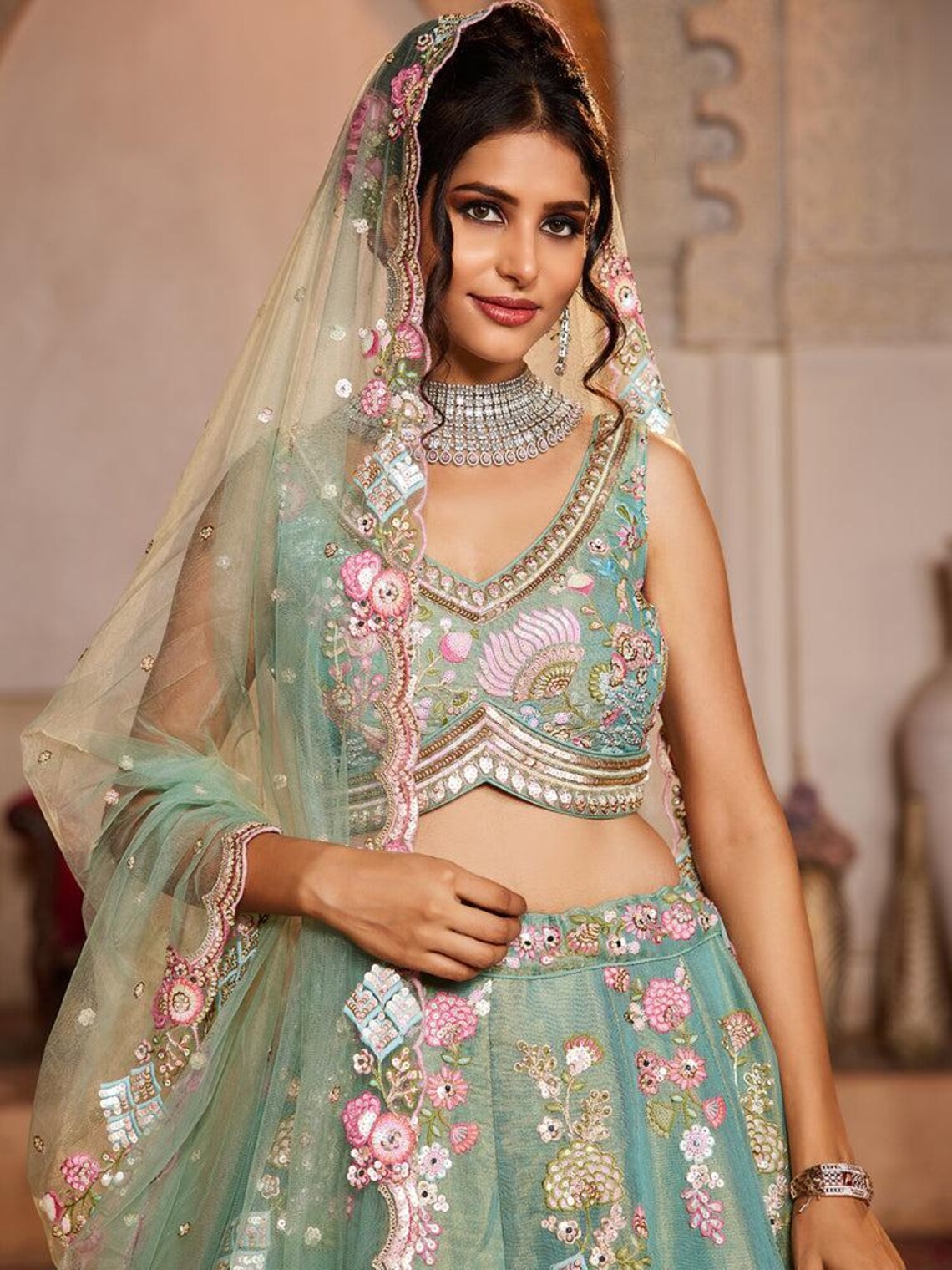 Sea Green Party-Style Net Lehenga Choli with Zari & Embroidery Work – Stylish Ethnic Wear for Women