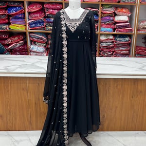 Black Elegant Embroidered Anarkali Gown Set Fully Stitched