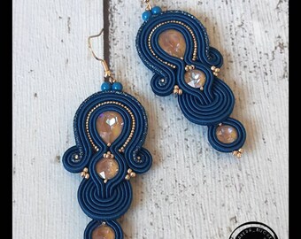 Blue and gold soutache earrings, handmade with Swarovski crystals and gold rocailles beads