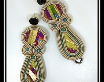 Yellow and fuchsia soutaches earrings
