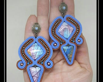 Handmade blue and bronze soutache earrings with handmade modeling clay cabochons