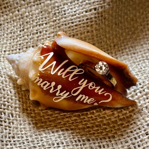 May include: A seashell ring box with the words "Will you marry me?" engraved on the outside. A gold ring with a diamond is inside the shell.